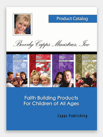 Product catalog cover for Beverly Capps Ministries, Inc. featuring images of people and products with a blue and white color scheme.