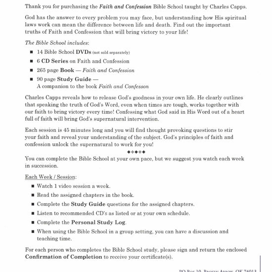 Capps Ministries Faith and Confession Bible School Instructions Image