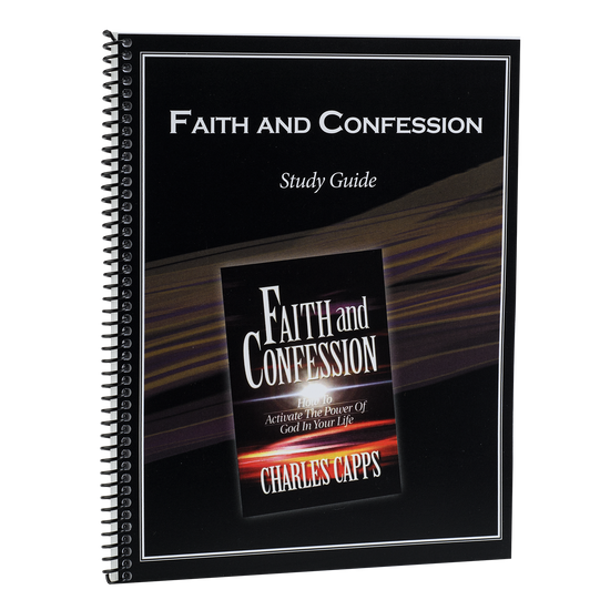 A spiral-bound study guide titled 'Faith and Confession' by Charles Capps, with a red and black cover featuring a picture of the author. cappsministries.com