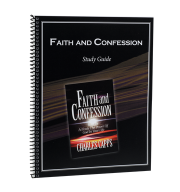 A spiral-bound study guide titled 'Faith and Confession' by Charles Capps, with a red and black cover featuring a picture of the author. cappsministries.com