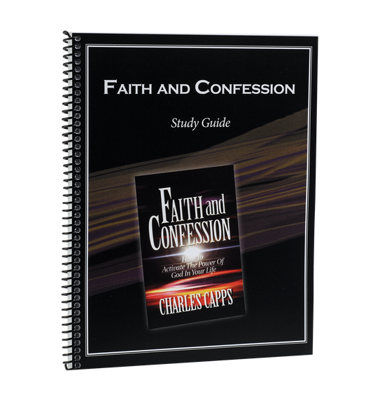 A spiral-bound study guide titled 'Faith and Confession' by Charles Capps, with a red and black cover featuring a picture of the author. cappsministries.com